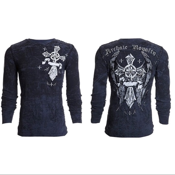 Archaic by Affliction Men's Thermal Shirt COUNTDOWN Wings Skull Biker Charcoal - Picture 1 of 6